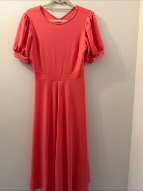 Amazon Coral Puff-Sleeve Midi Dress